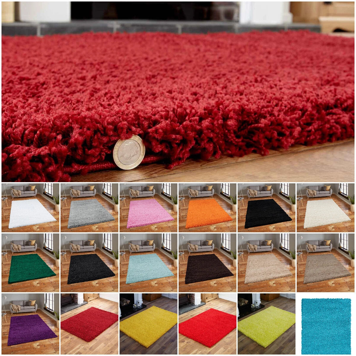 A collage showing a plush, high-pile shag rug in multiple colors. The large top image features a vibrant red rug with a coin placed on it for scale, set in a home interior.