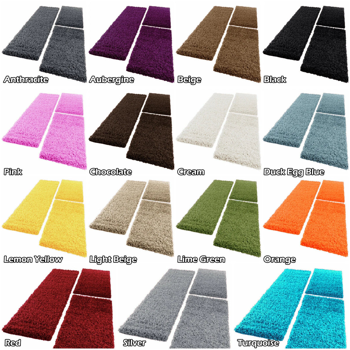 A color-options grid showing multiple pairs of shaggy rectangular floor mats in different colors, each labeled with a name such as Anthracite, Aubergine, Beige, Black, Pink, Chocolate, Cream, Duck Egg Blue, Lemon Yellow, Light Beige, Lime Green, Orange, Red, Silver, and Turquoise on a white background.