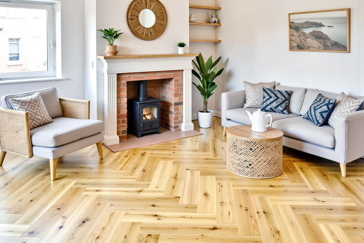 Natural oak herringbone floor styled in a living room