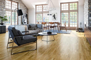Rustic European oak four-strip flooring in a furnished room