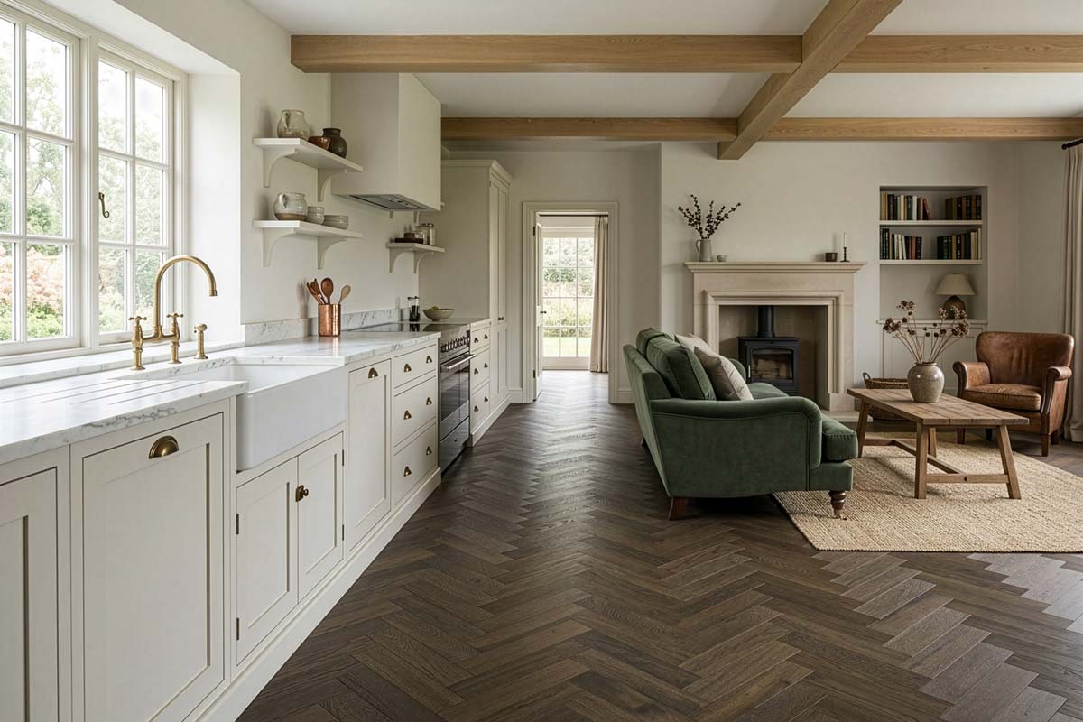Espresso oak engineered herringbone flooring in a living space