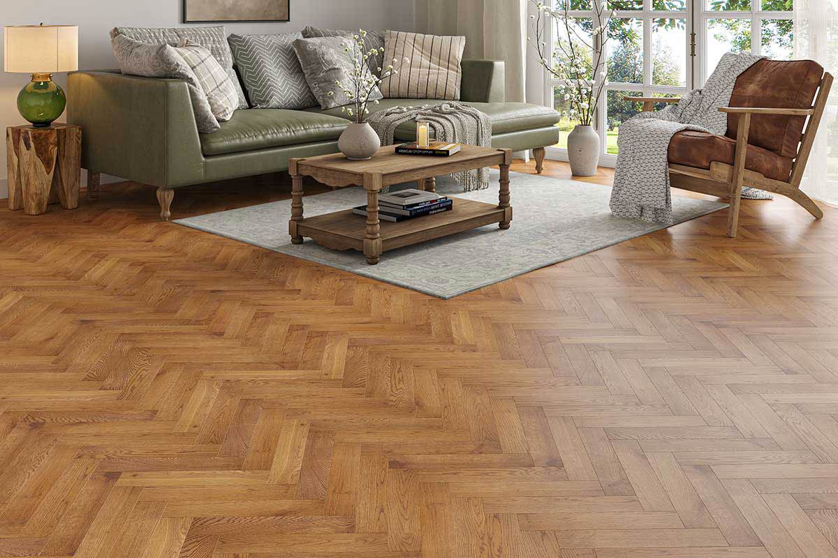 Smoked oak solid flooring in a room setting