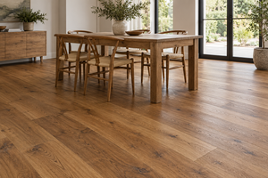 Illustrative room view of rustic oak engineered flooring with matt lacquer; AI-generated visual.
