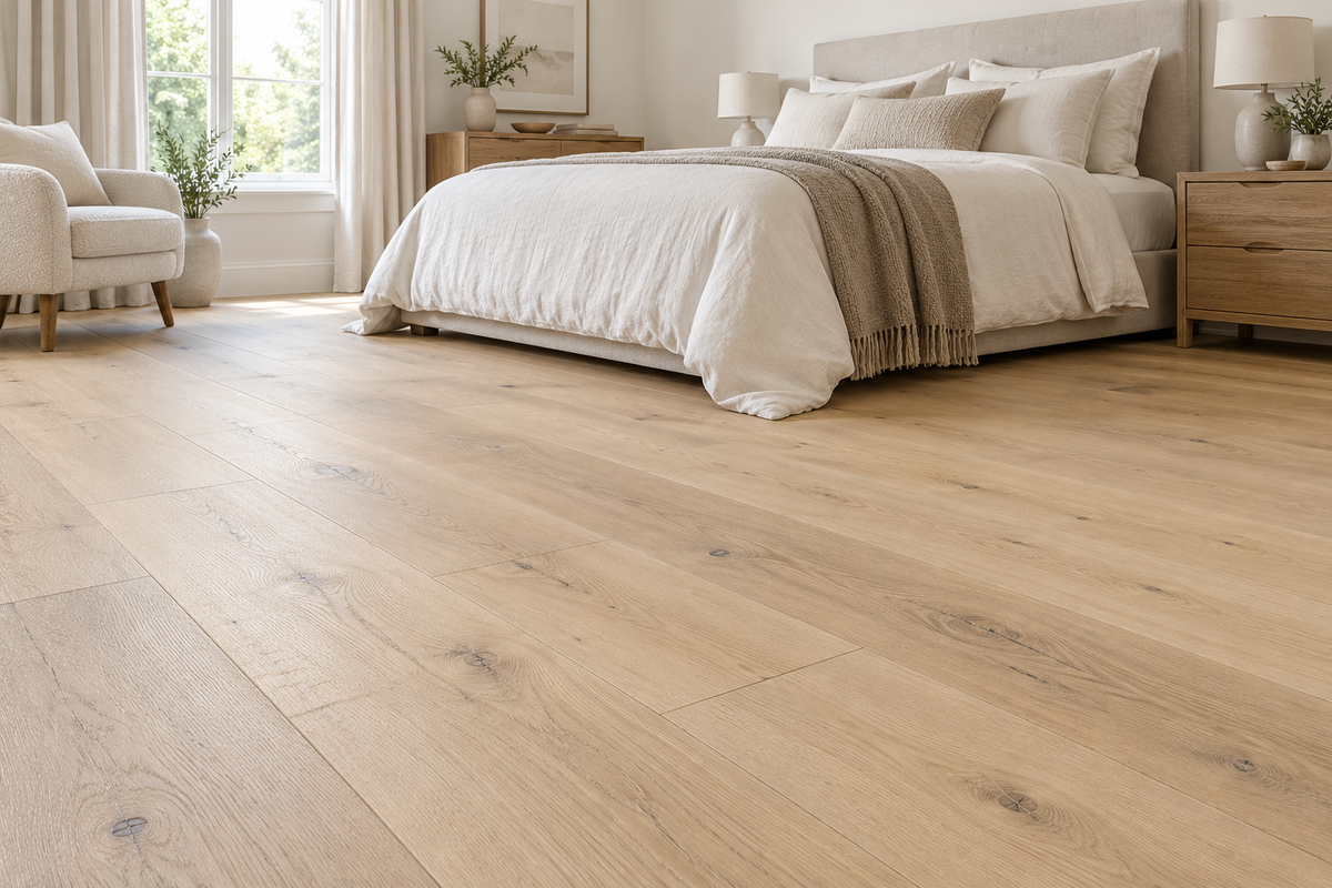 Illustrative room view of pale blonde brushed and lacquered engineered oak flooring; AI-generated visual.