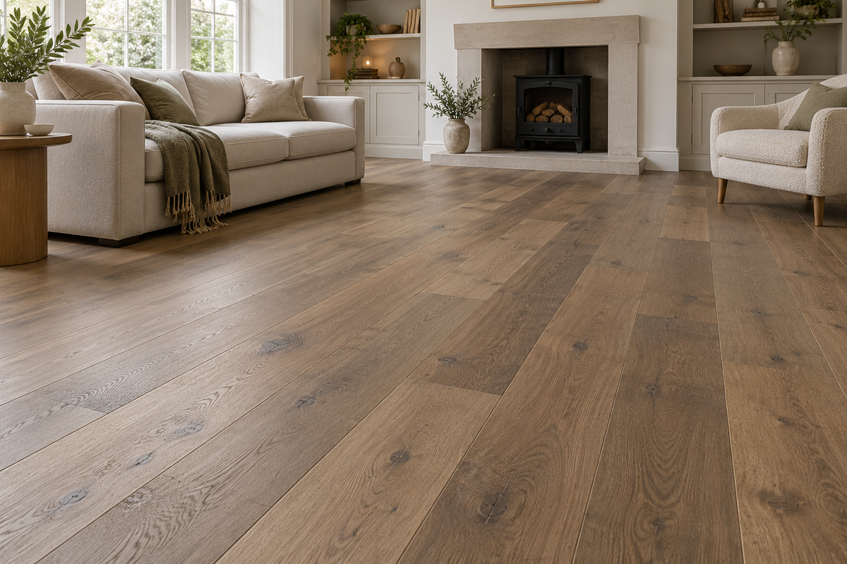 Illustrative room view of smoky taupe brushed and lacquered solid oak flooring; AI-generated visual.