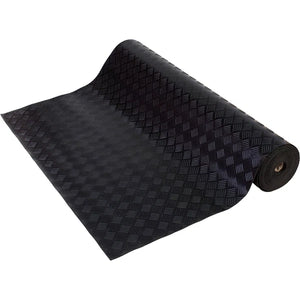 A black textured roll of material, likely a mat or protective sheet, partially unrolled to show a diamond-patterned surface, set against a plain white background.