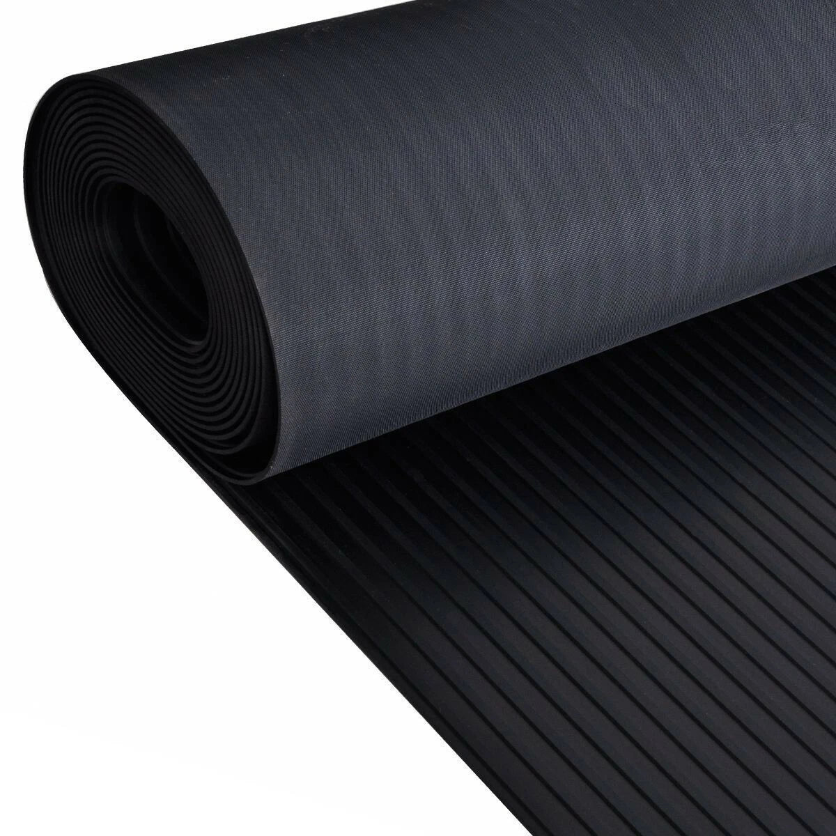 Roll of black rubber matting on a white background