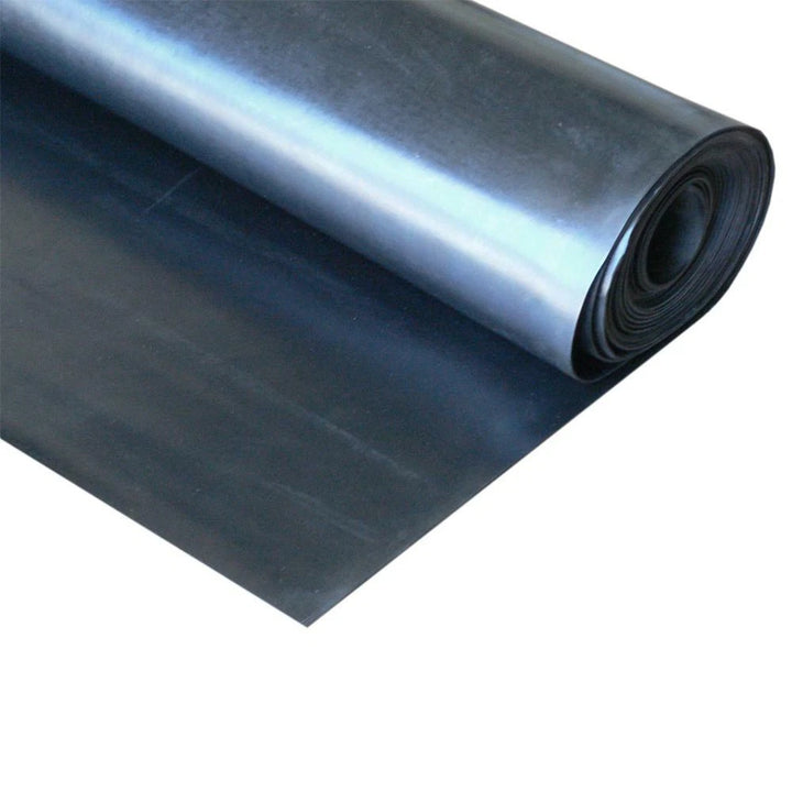 Roll of black rubber sheeting on a white background