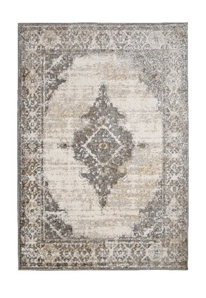 A distressed traditional area rug featuring a central diamond medallion and ornate borders in muted beige, gray, and off-white tones.