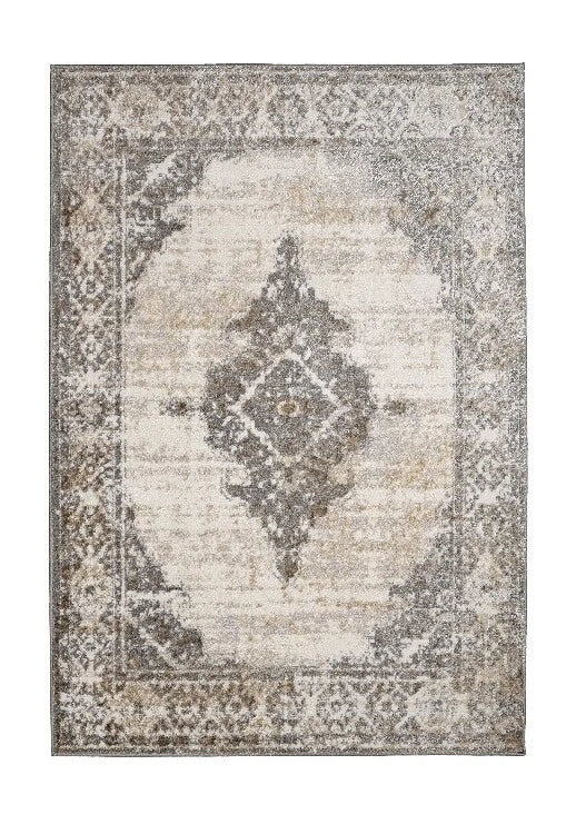A distressed traditional area rug featuring a central diamond medallion and ornate borders in muted beige, gray, and off-white tones.