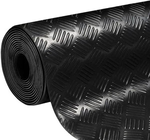 Roll of black textured rubber matting on a white background