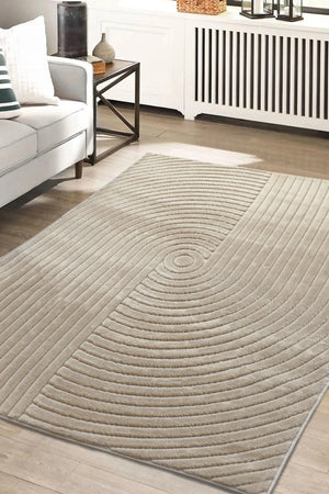 A rectangular area rug with a textured concentric circle pattern in a light beige/taupe color, shown on a light wood floor in a modern living room setting.