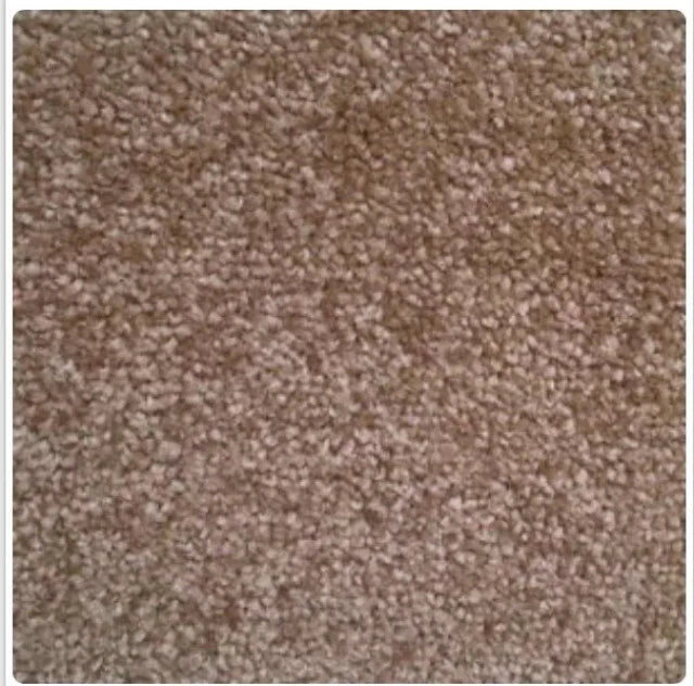 A close-up texture shot of a low-pile carpet in a warm taupe or light brown color.