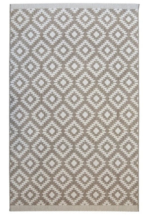 A rectangular area rug with a repeating geometric diamond pattern in taupe and off-white, shown flat against a white background.