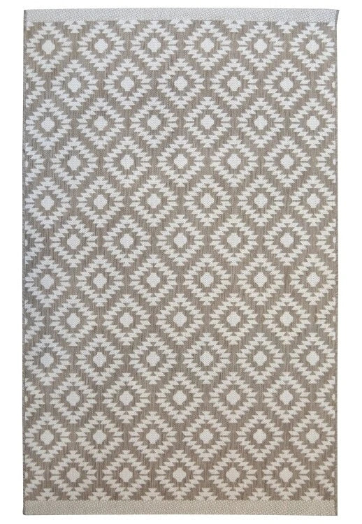 A rectangular area rug with a repeating geometric diamond pattern in taupe and off-white, shown flat against a white background.