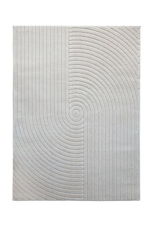 A rectangular area rug with a light gray and off-white geometric pattern featuring vertical lines on one side and concentric arches on the other, centered on a white background.