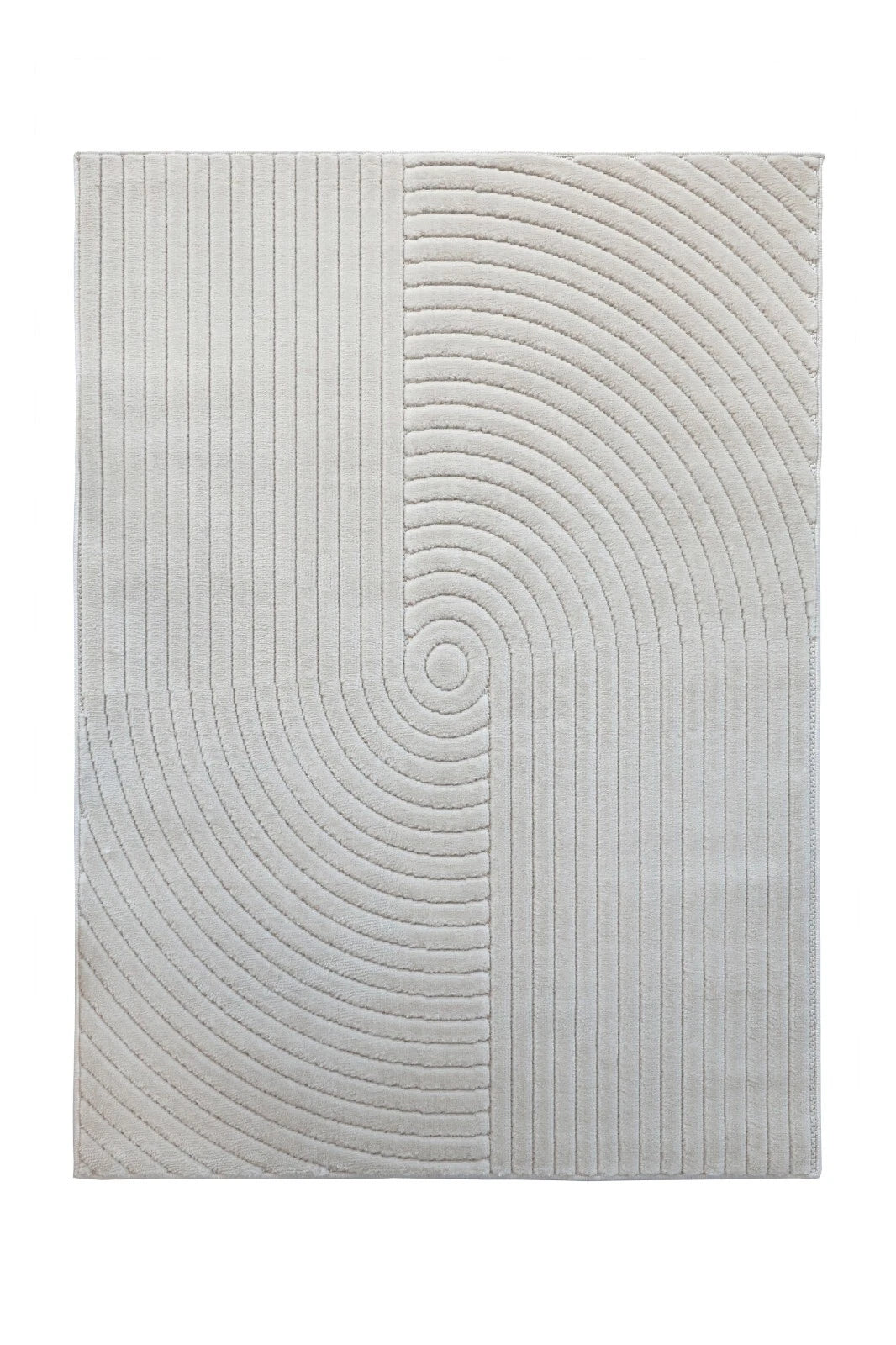 A rectangular area rug with a light gray and off-white geometric pattern featuring vertical lines on one side and concentric arches on the other, centered on a white background.