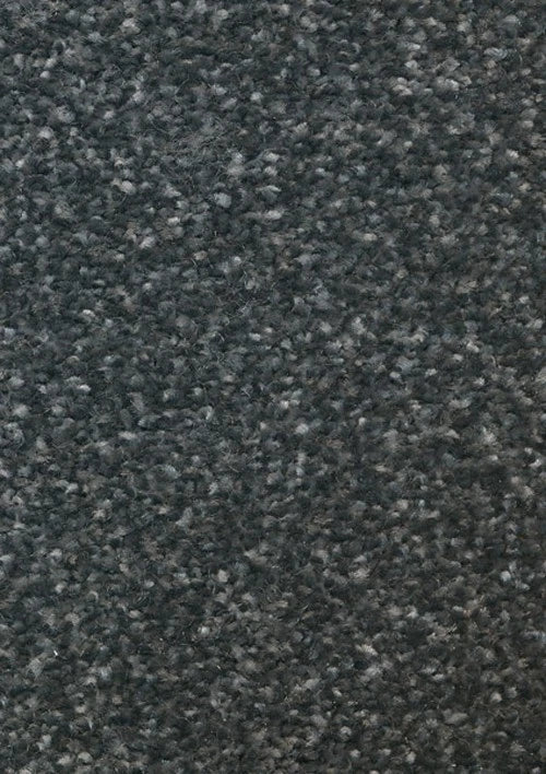 A close-up texture shot of a dark charcoal gray carpet or fabric with a heathered, speckled pattern of lighter gray and white fibers.
