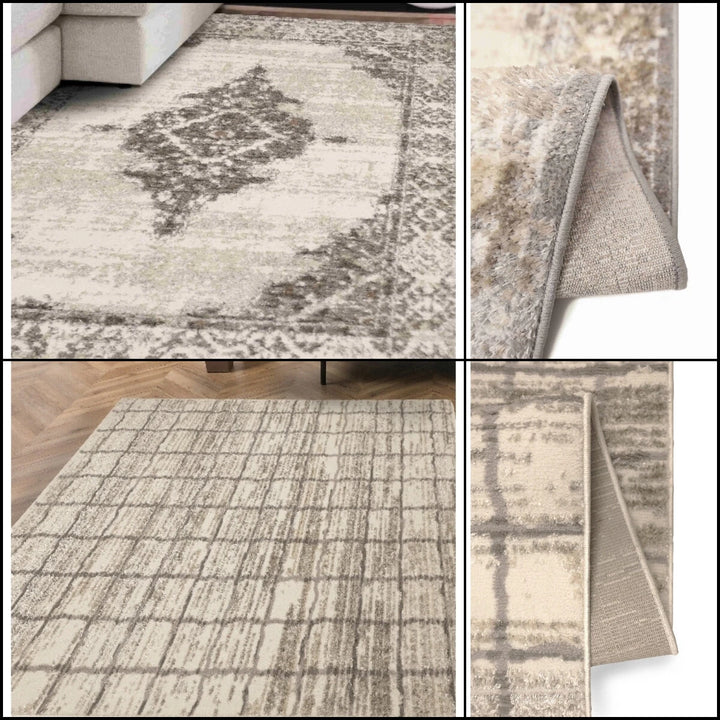 A four-panel collage showing a rectangular area rug in a living room setting, with a top-left view of the rug in use under a sofa, a top-right close-up of the folded underside and pile, a bottom-left view of the rug on a wood floor, and a bottom-right close-up of the rug texture and edge.