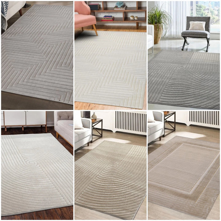 A six-panel collage showing different views and styles of modern geometric area rugs in neutral tones, including light gray, off-white, and taupe, styled in living room settings.