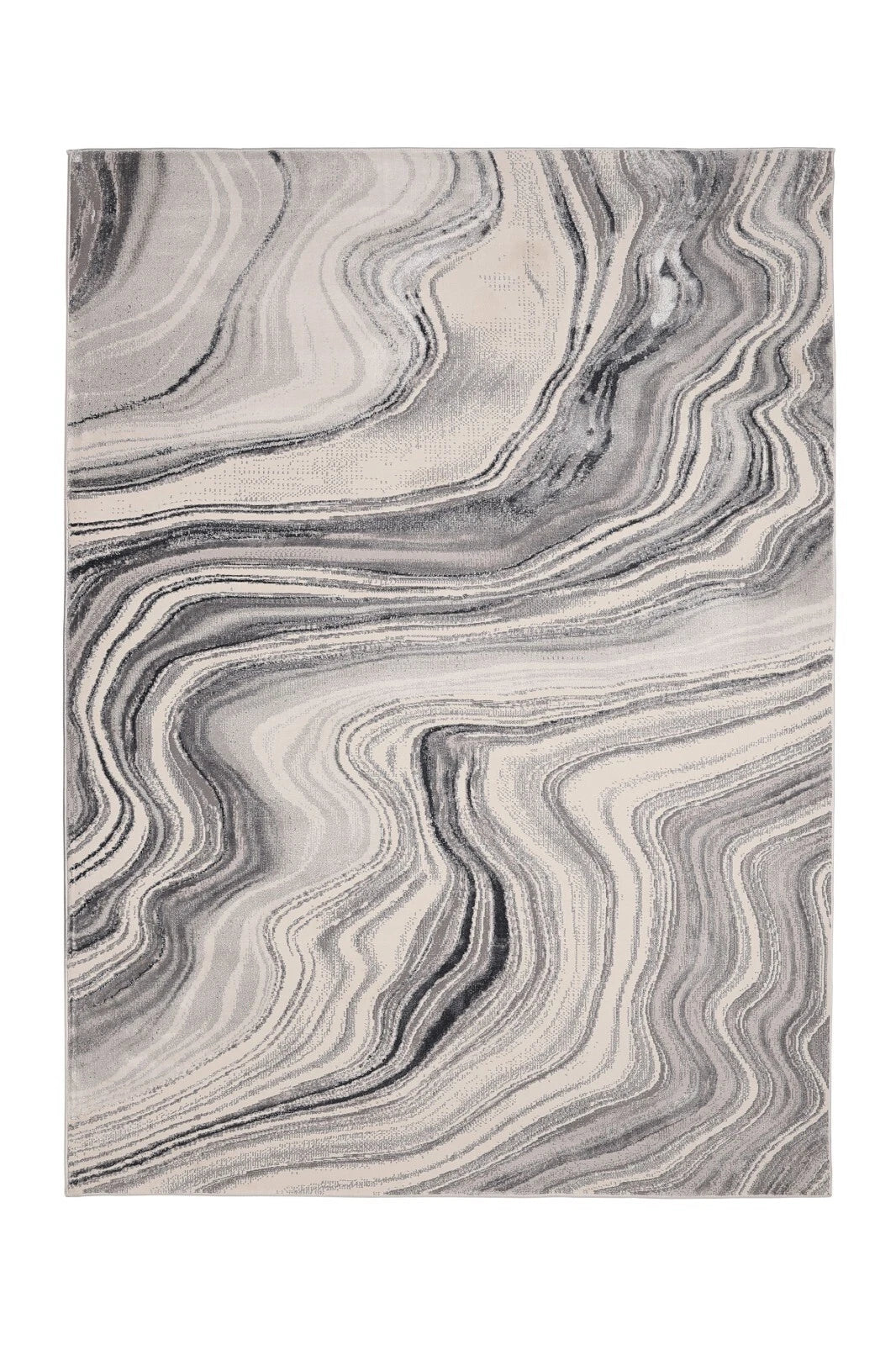 Marble-patterned rug with gray and white swirled design on a plain background