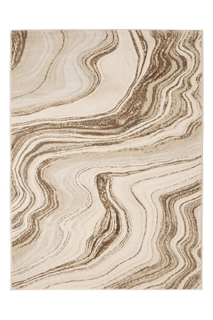 Rug with a marble-like pattern in beige and brown on a white background