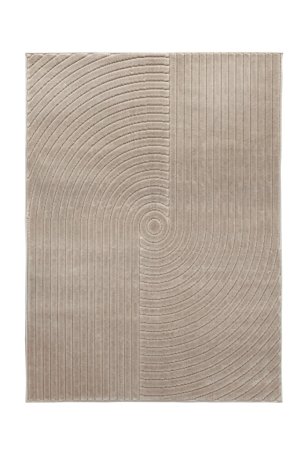 Textured area rug with concentric circle pattern on a white background