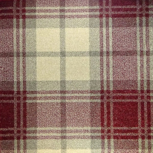 A close-up of a plaid fabric pattern with a textured, heathered finish. The design features intersecting stripes of deep red, warm beige, and light gray.
