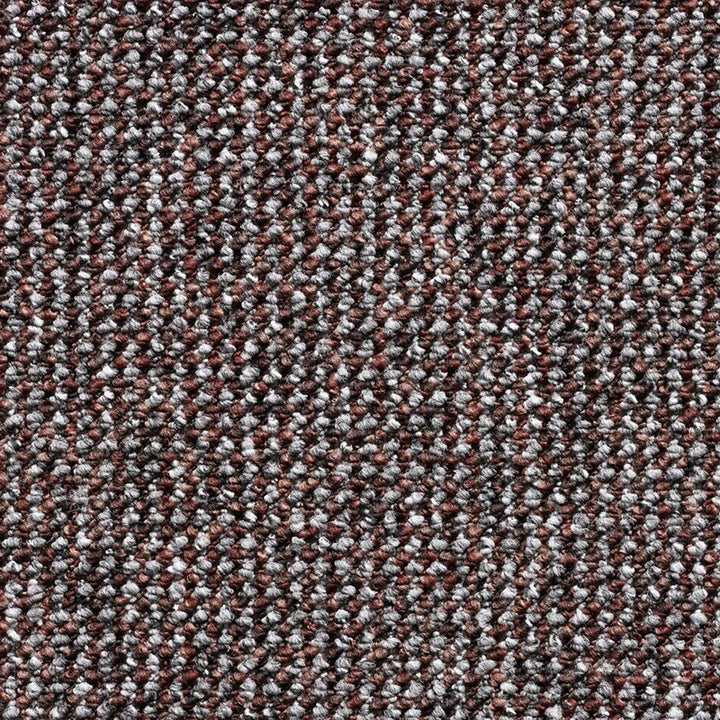 A close-up texture shot of a woven fabric with a heathered pattern of brown, gray, and white threads.