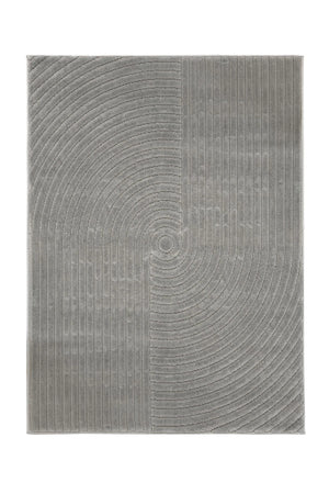 Gray area rug with concentric circle pattern on a white background