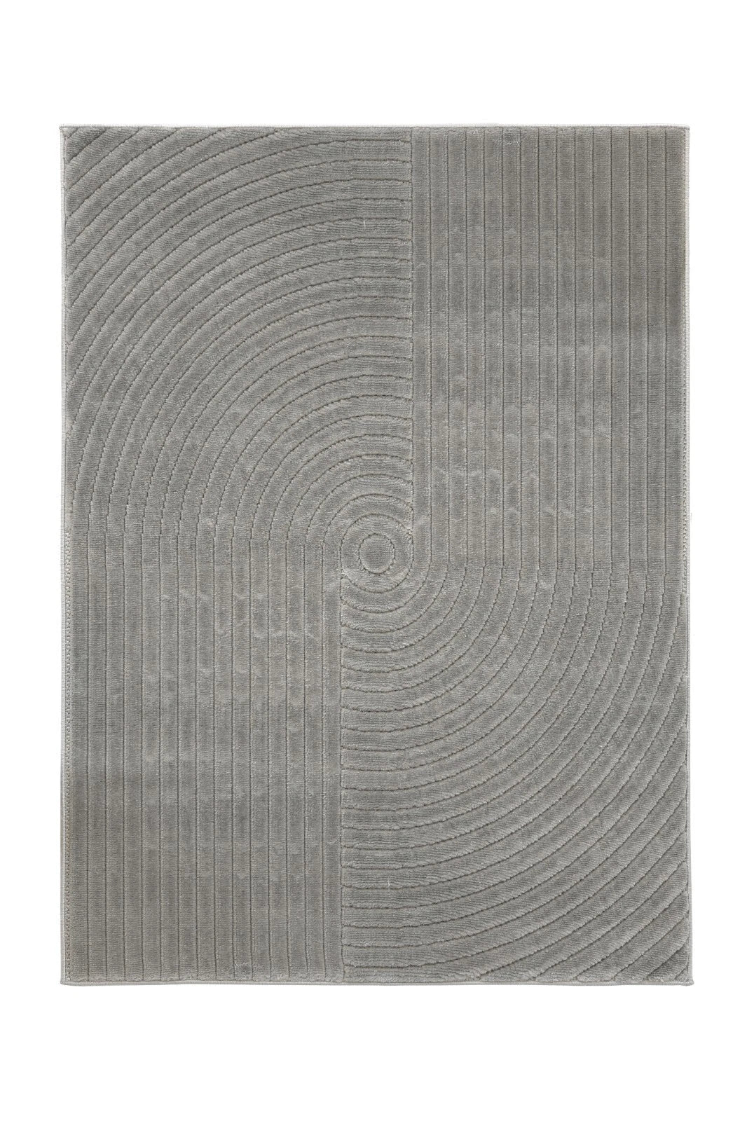 Gray area rug with concentric circle pattern on a white background