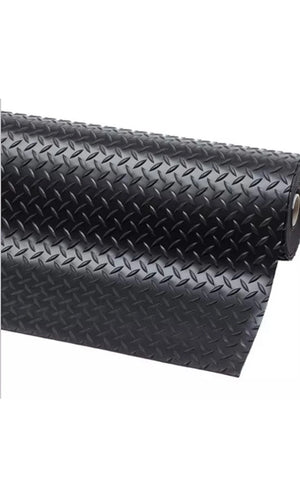 Roll of black textured rubber matting on a white background