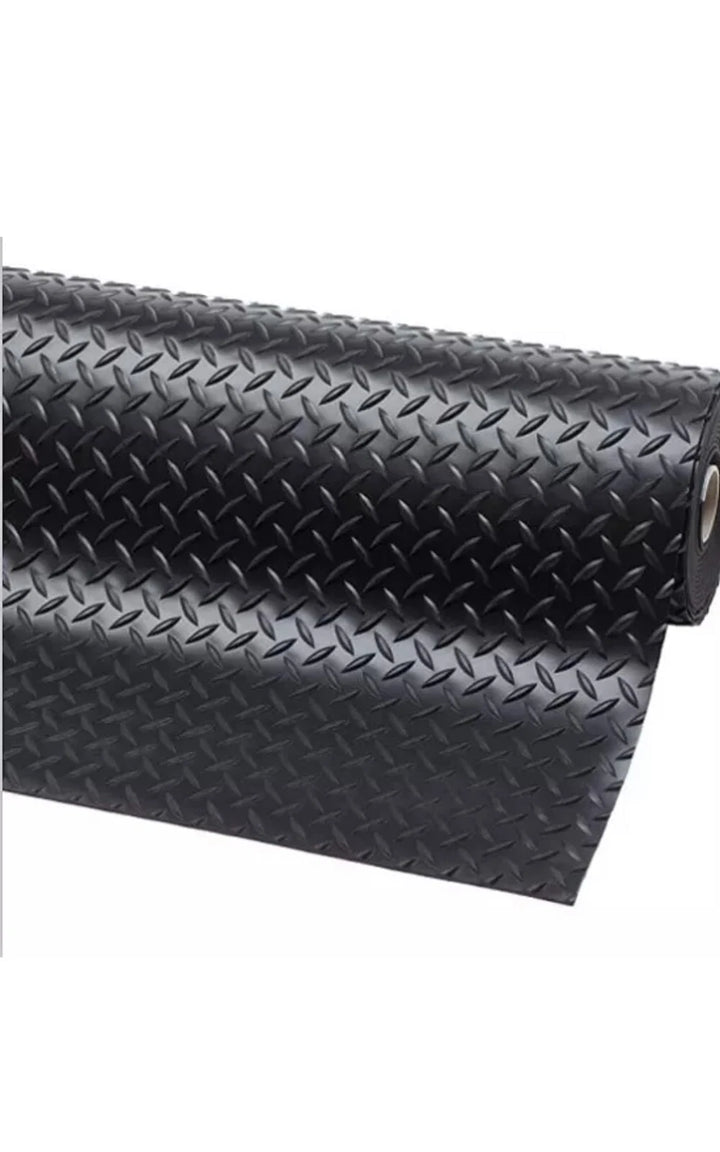 Roll of black textured rubber matting on a white background