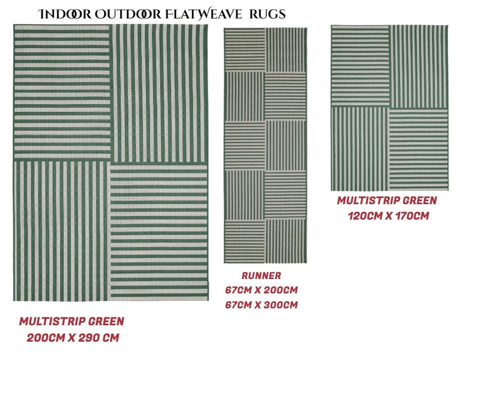 A product information graphic for flatweave rugs showing three rug designs on a white background: a large Multistrip Green rug, a runner rug, and a smaller rug. Text labels indicate dimensions and product type.