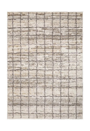 A rectangular area rug with a distressed plaid pattern in beige, cream, and gray tones, shown flat against a white background.