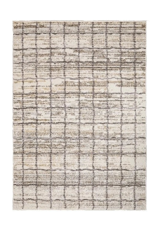 A rectangular area rug with a distressed plaid pattern in beige, cream, and gray tones, shown flat against a white background.
