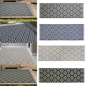 A collage showing multiple rectangular outdoor rugs with repeating diamond/ikat-style patterns in different colorways. The left side shows the rugs installed on patios and decks outdoors, and the right side shows close-up color options including gray/white, blue/white, beige/white, and black/white.