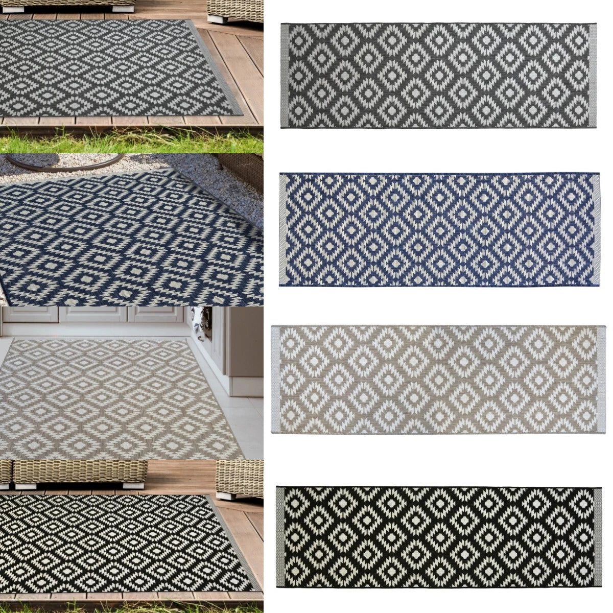 A collage showing multiple rectangular outdoor rugs with repeating diamond/ikat-style patterns in different colorways. The left side shows the rugs installed on patios and decks outdoors, and the right side shows close-up color options including gray/white, blue/white, beige/white, and black/white.