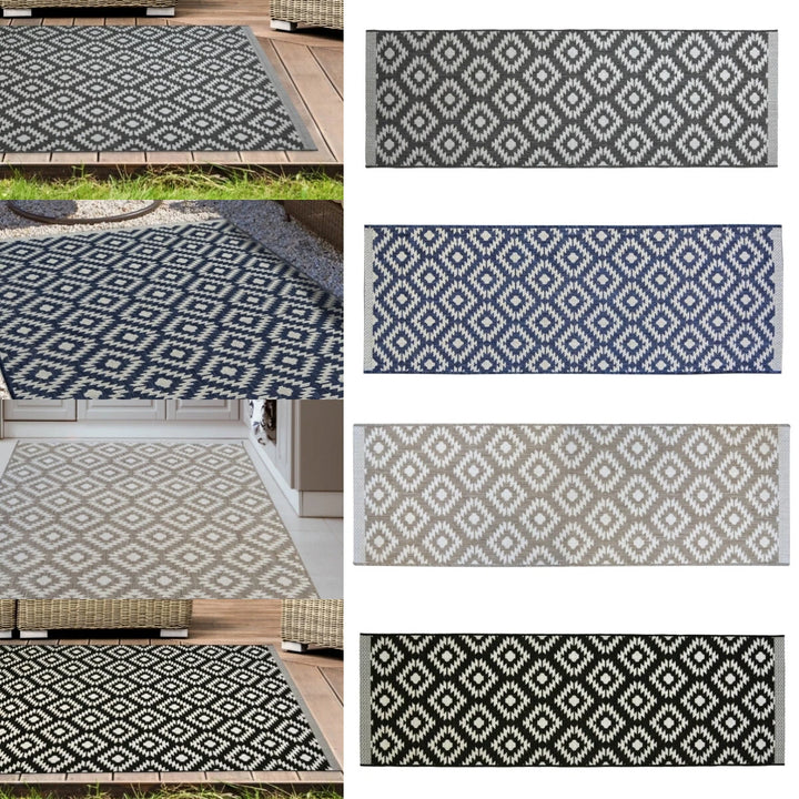 A collage showing multiple rectangular outdoor rugs with repeating diamond/ikat-style patterns in different colorways. The left side shows the rugs installed on patios and decks outdoors, and the right side shows close-up color options including gray/white, blue/white, beige/white, and black/white.