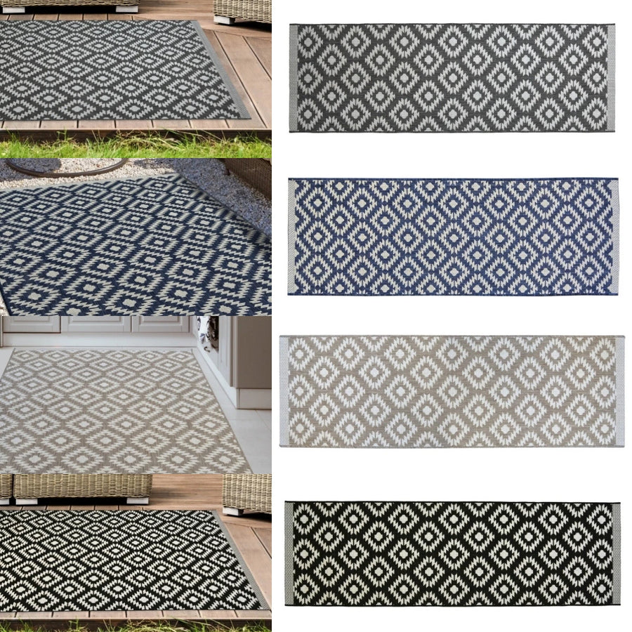 Flat weave Outdoor Rugs Black Grey Indoor Hallway Runner Geometric Rug