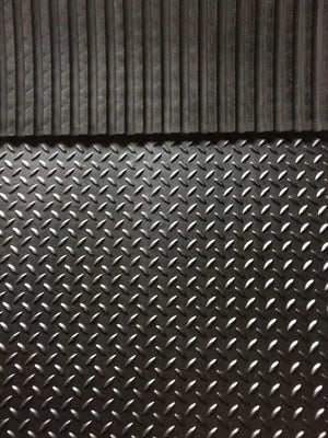 A close-up of a dark gray textured rubber or plastic mat with two distinct patterns: a ribbed vertical design at the top and a diamond plate pattern at the bottom.