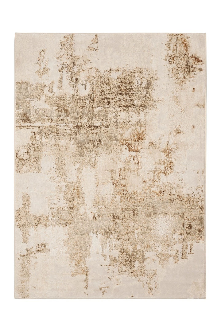 Textured beige and brown area rug on a white background