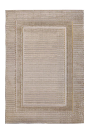 A rectangular area rug with a textured, ribbed design featuring concentric rectangular borders in a warm beige and cream color palette.