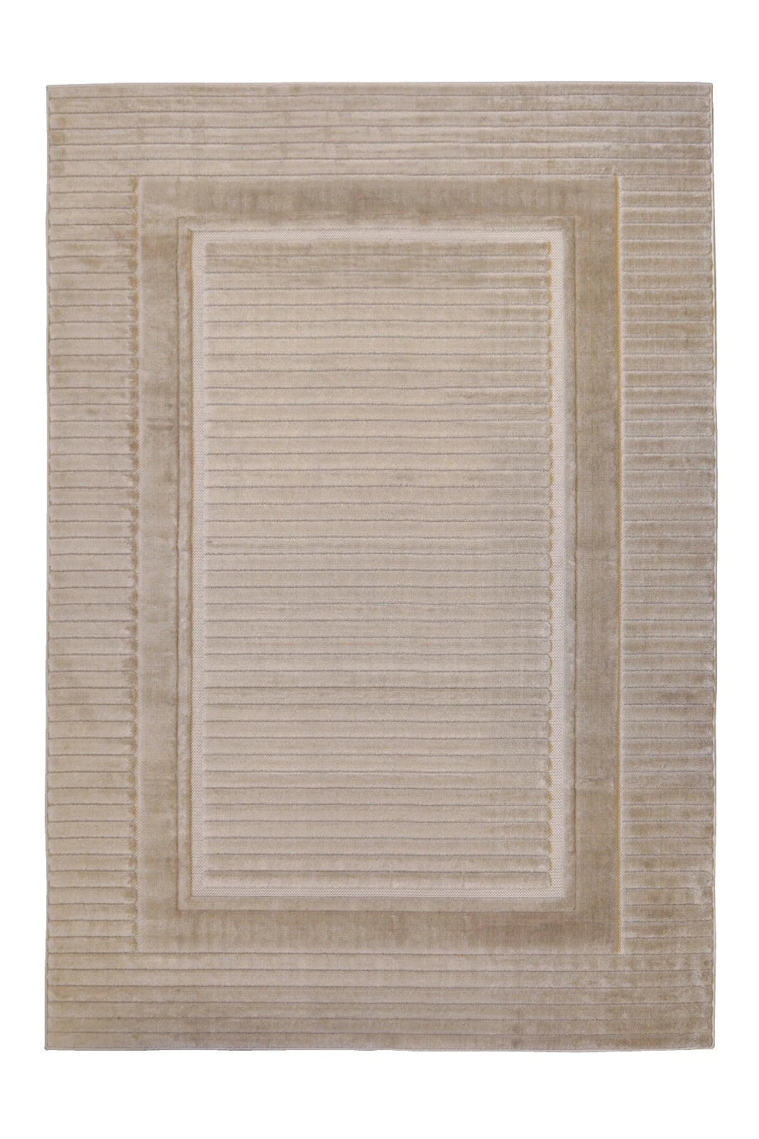 A rectangular area rug with a textured, ribbed design featuring concentric rectangular borders in a warm beige and cream color palette.