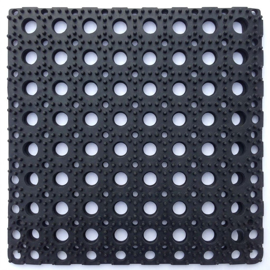 A square black rubber or plastic mat with a grid pattern of circular holes and raised textured dots, shown on a plain white background.