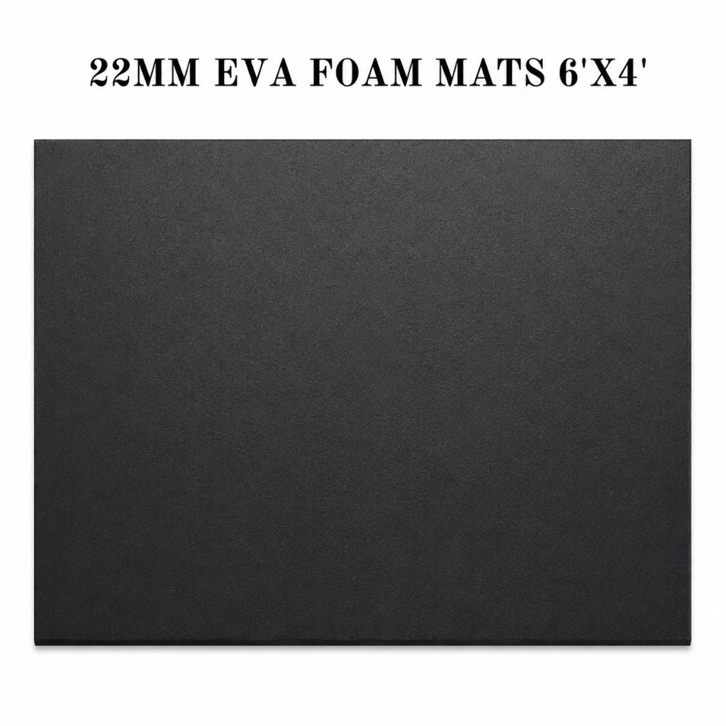 A single black EVA foam mat shown flat against a white background, with the text '22MM EVA FOAM MATS 6'X4'' printed above it.