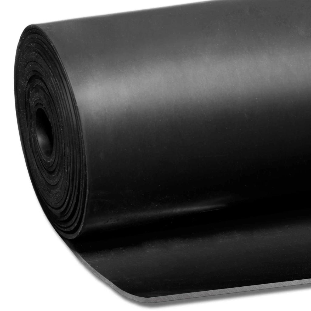 Close-up side profile of a rolled smooth rubber matting sheet showing its precise material thickness.
