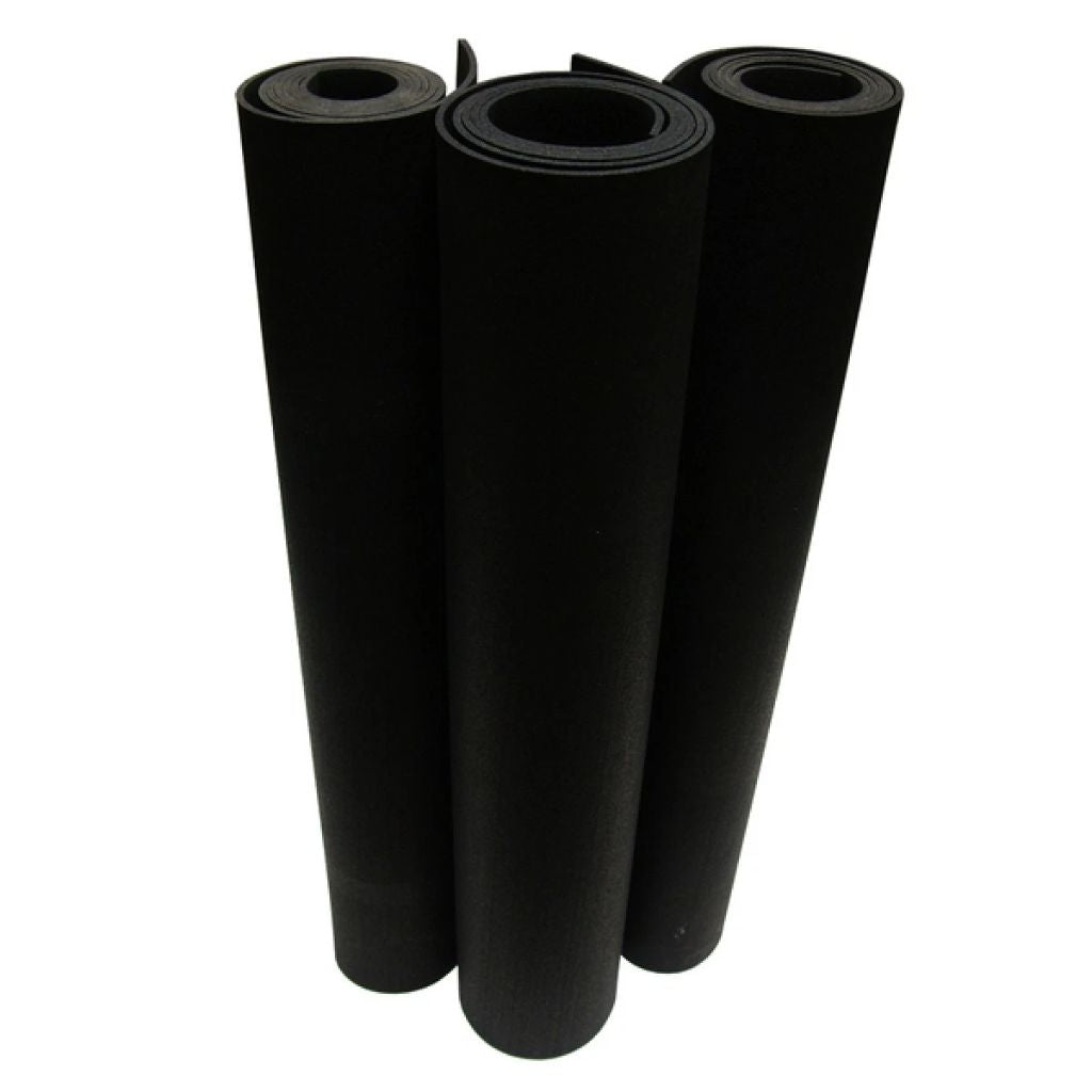 Three vertical rolls of heavy duty smooth rubber matting ideal for garage and van workshop protection.