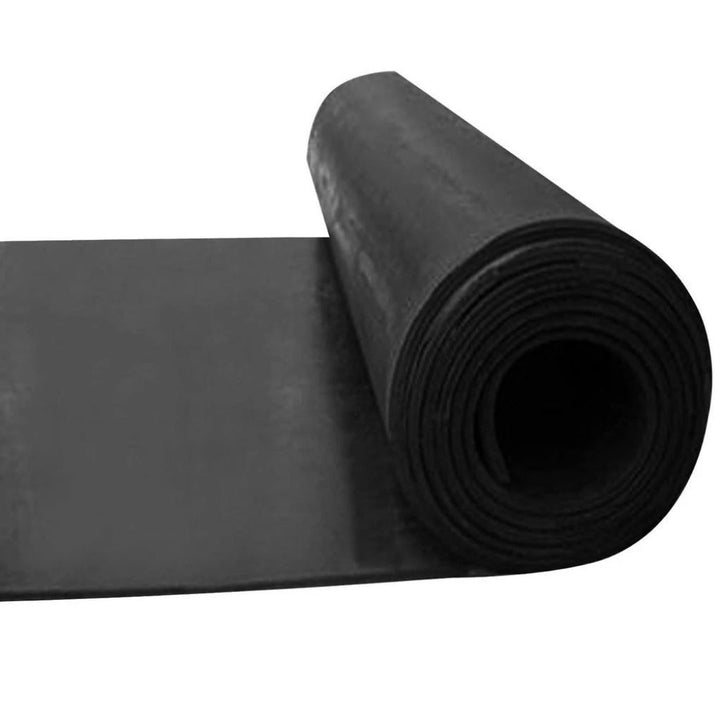 High-angle view of a smooth black heavy duty rubber flooring roll partially unrolled on a white background.