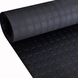 Detailed view of a 3mm thick black coin stud pattern rubber garage flooring matting roll.